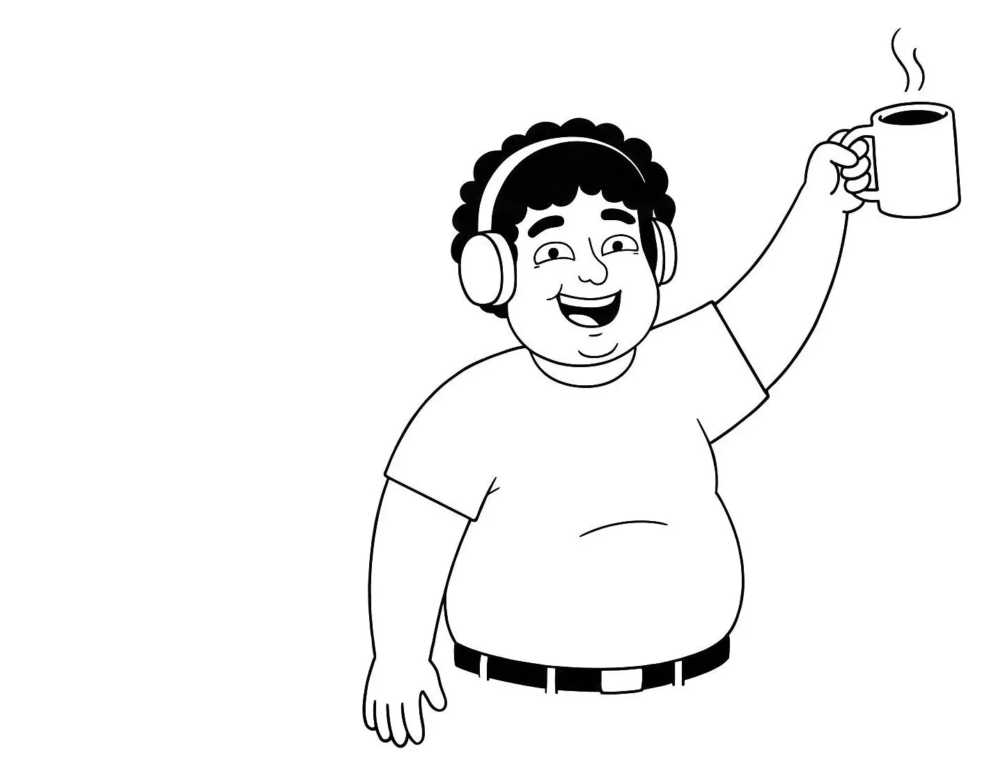 A cheerful man in headphones raising his coffee mug and calling out the jobs we’re hiring for