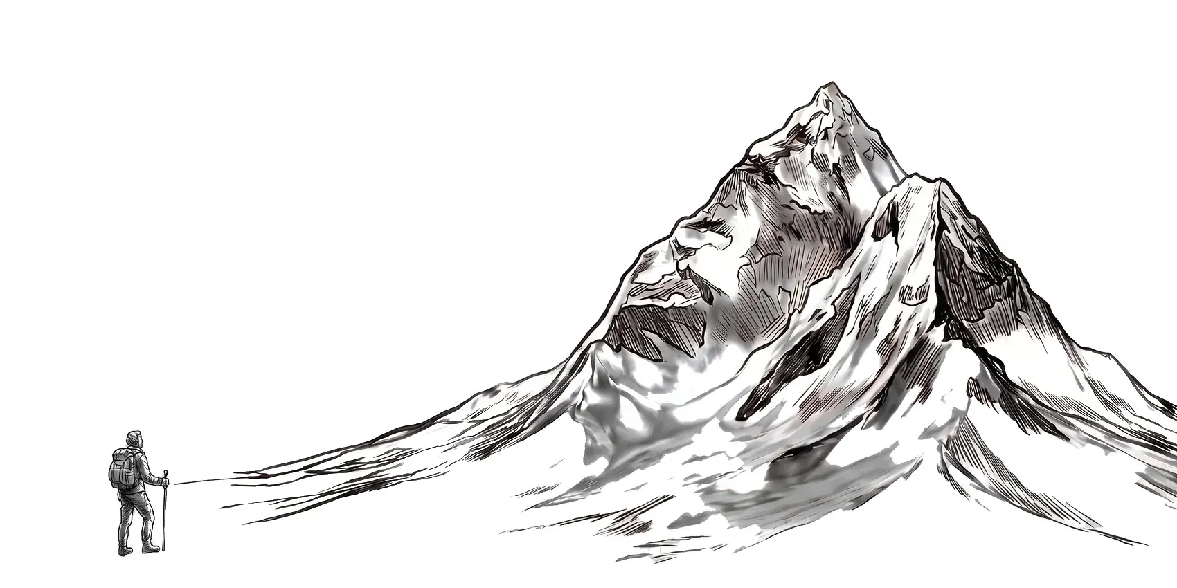 A pencil sketch of a snow mountain with a climber looking up at it