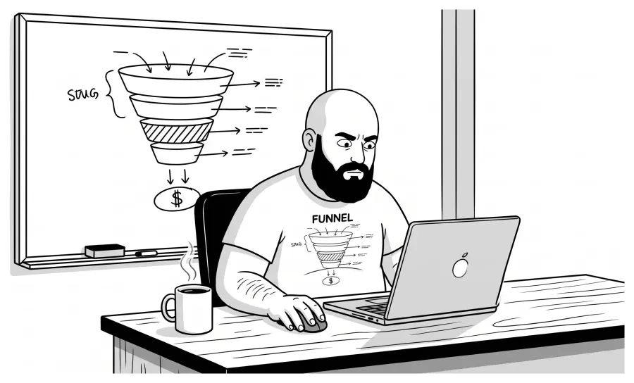 Our funnel strategist at his laptop in front of a whiteboard with a sales funnel drawn on it