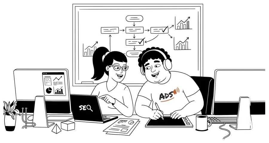 The ads specialist and the SEO specialist planning at a whiteboard