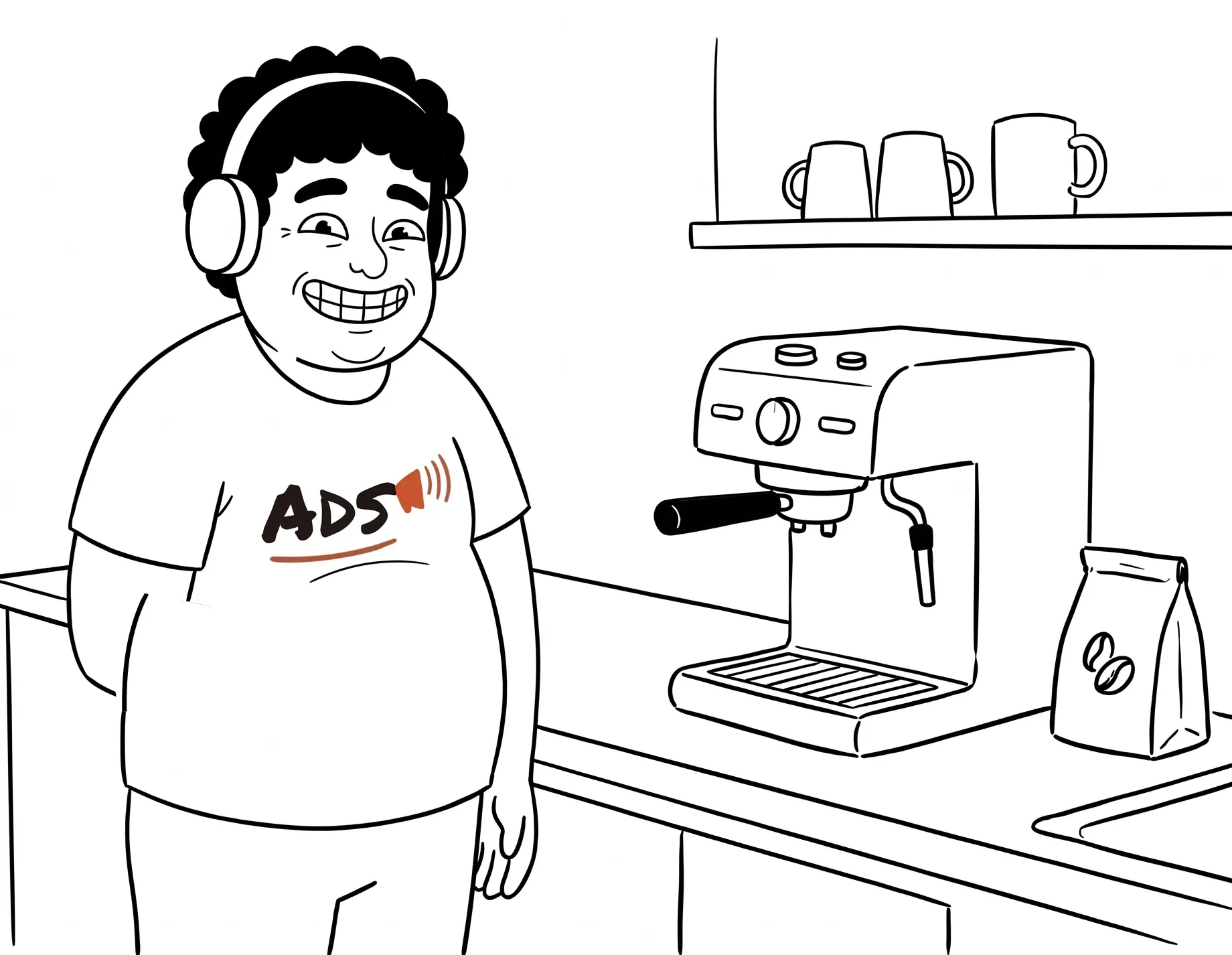 Ads, one of our crew, smiling in the office kitchen with a coffee in his hand, raising it for a cheers