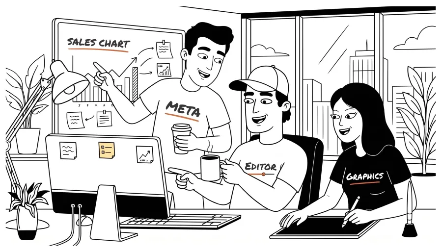 The ads specialist pointing at a rising sales chart while the editor and designer look on