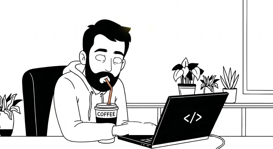 Our web developer in a hoodie coding on his laptop, sipping coffee, as a light bulb switches on above him