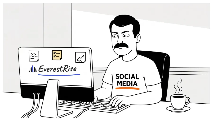 Our social media manager, moustache and all, planning posts at his computer with a hot drink beside him