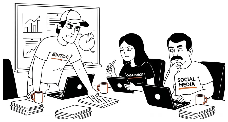 The video editor, the graphic designer and the social media manager working on posts while a caption is written and approved